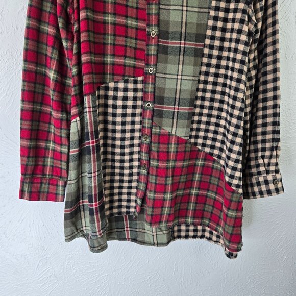 Patchwork Mix Plaid Shirt S Grunge Granola Girl Buttondown Collar Tunic Top - Picture 5 of 12